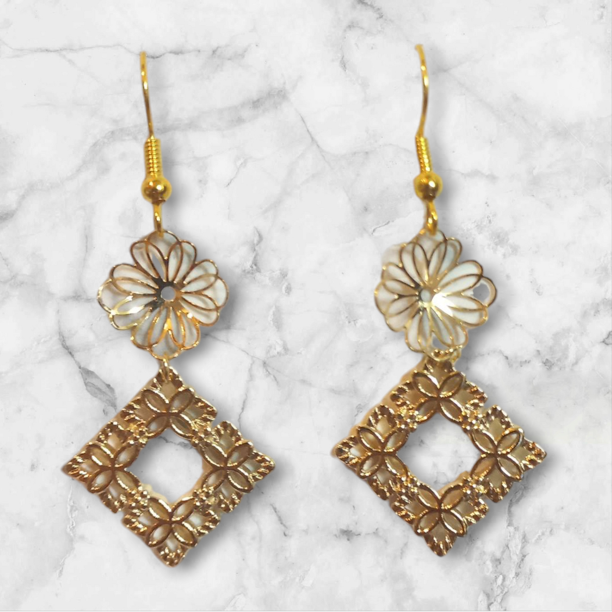 Gold-Tone Floral and Geometric Drop Earrings