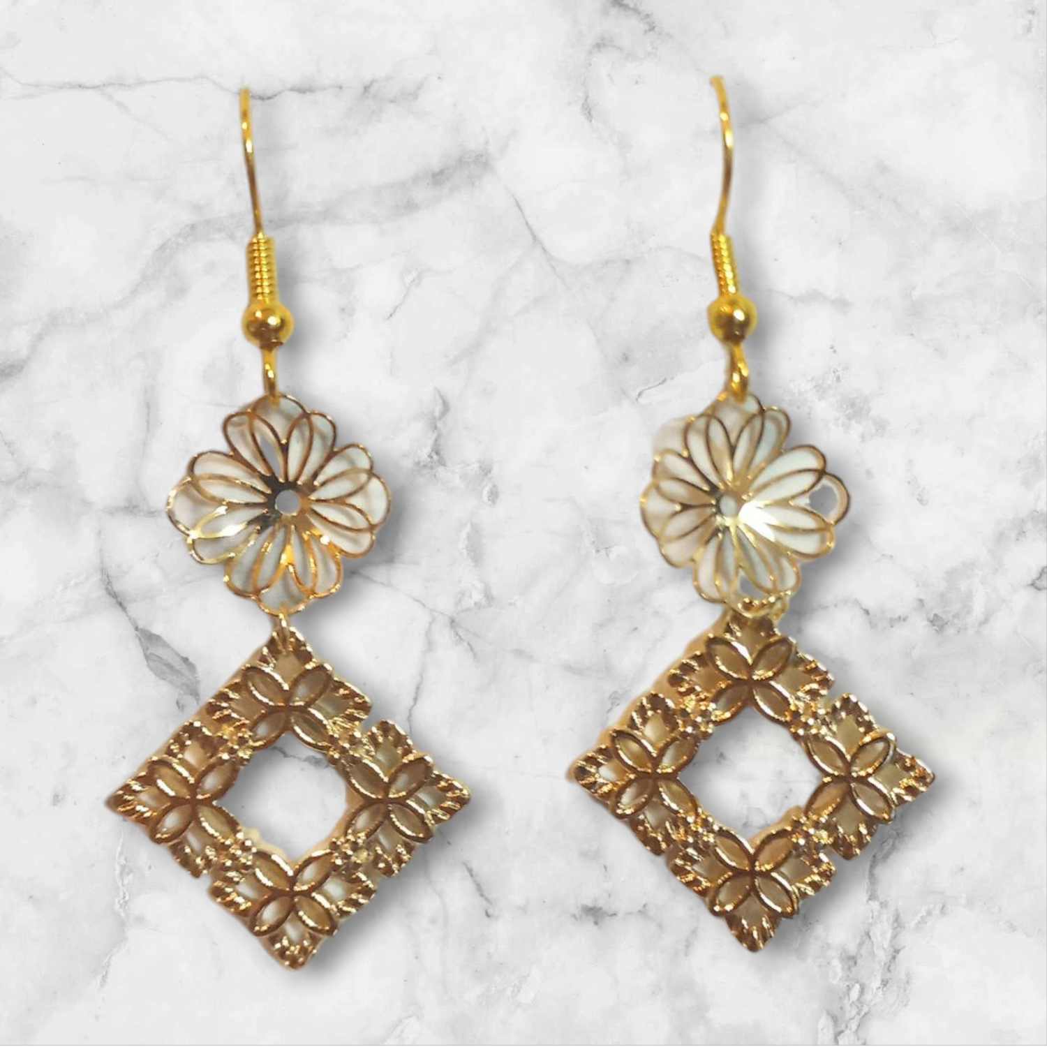 Gold-Tone Floral and Geometric Drop Earrings