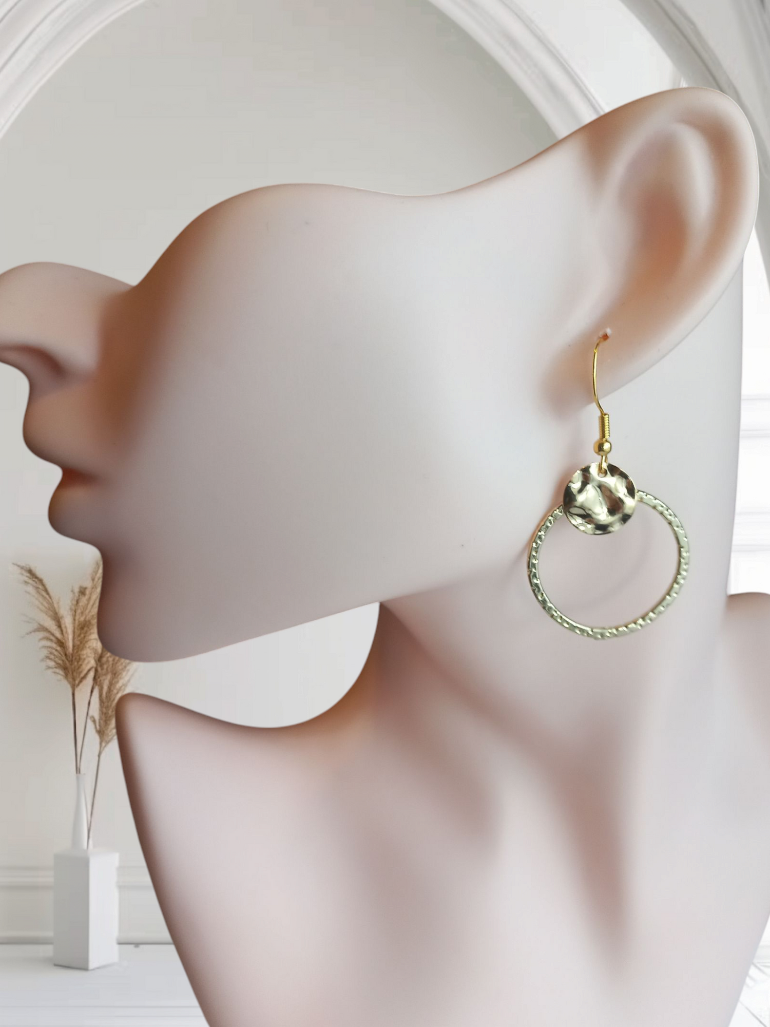 Hammered Disk Round Hoop Earrings