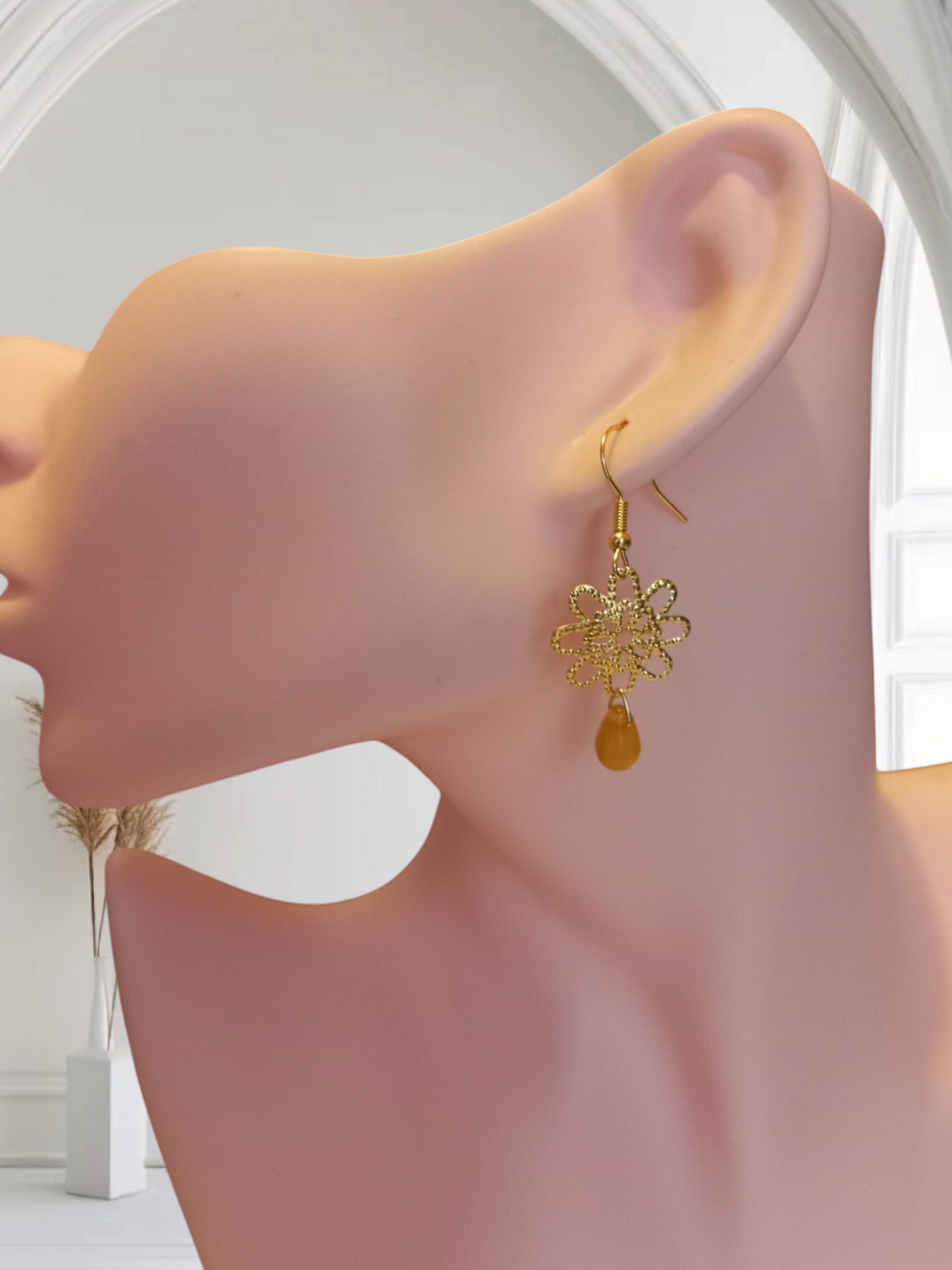 Gold Flower Tear Drop Glass Earrings