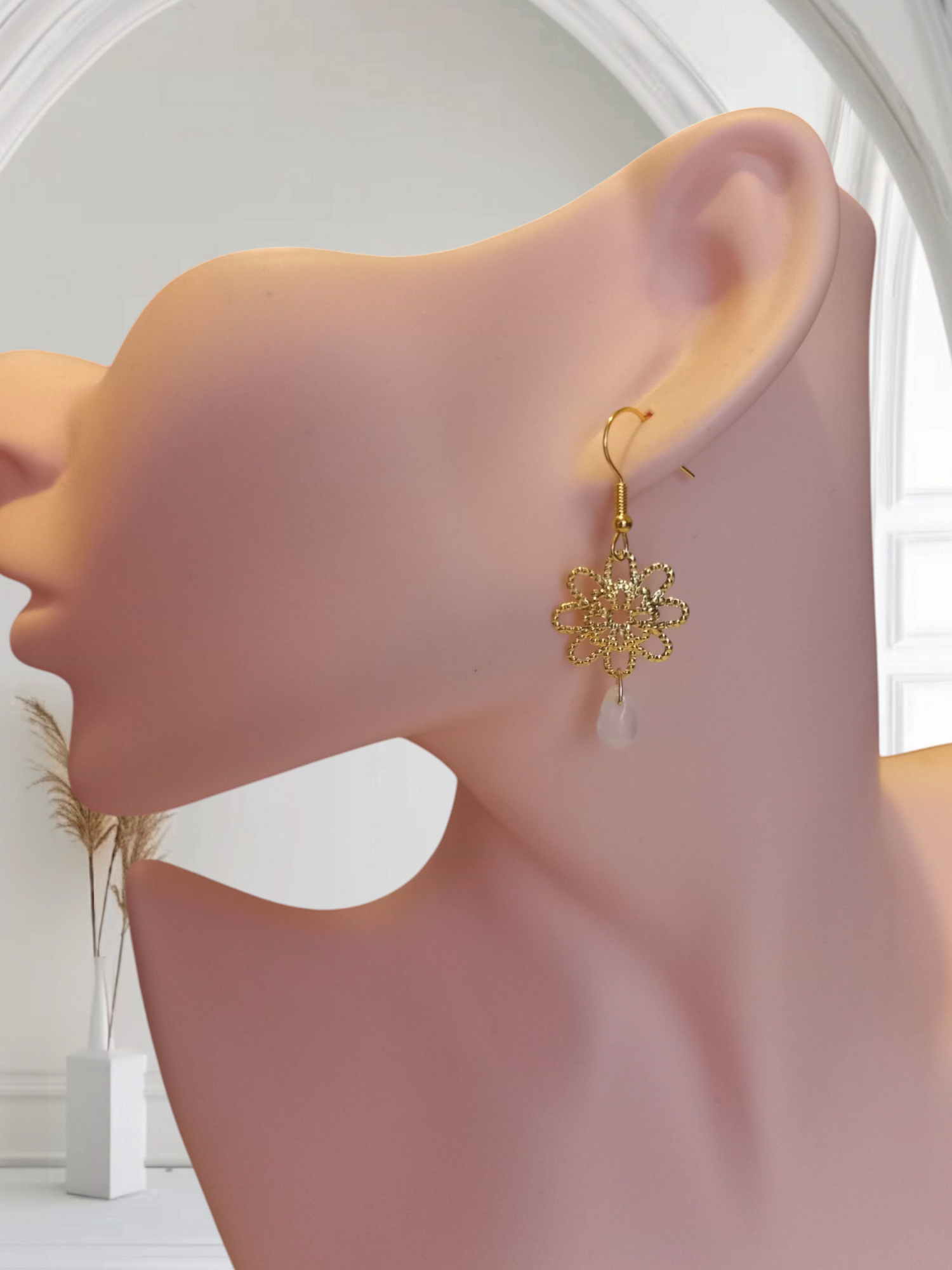 Gold Flower Tear Drop Glass Earrings