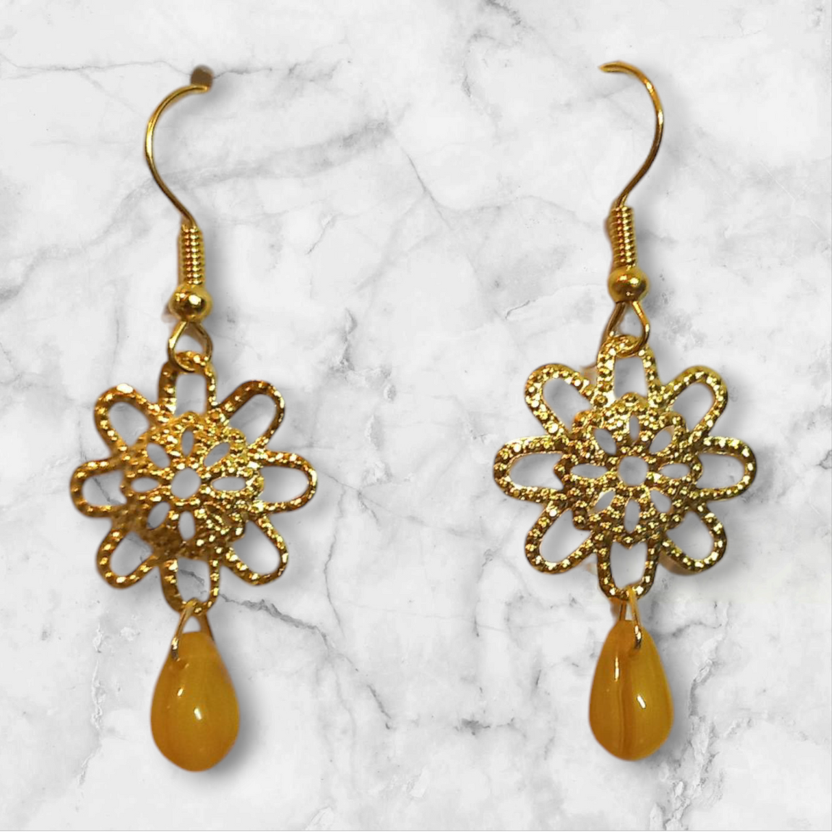 Gold Flower Tear Drop Glass Earrings