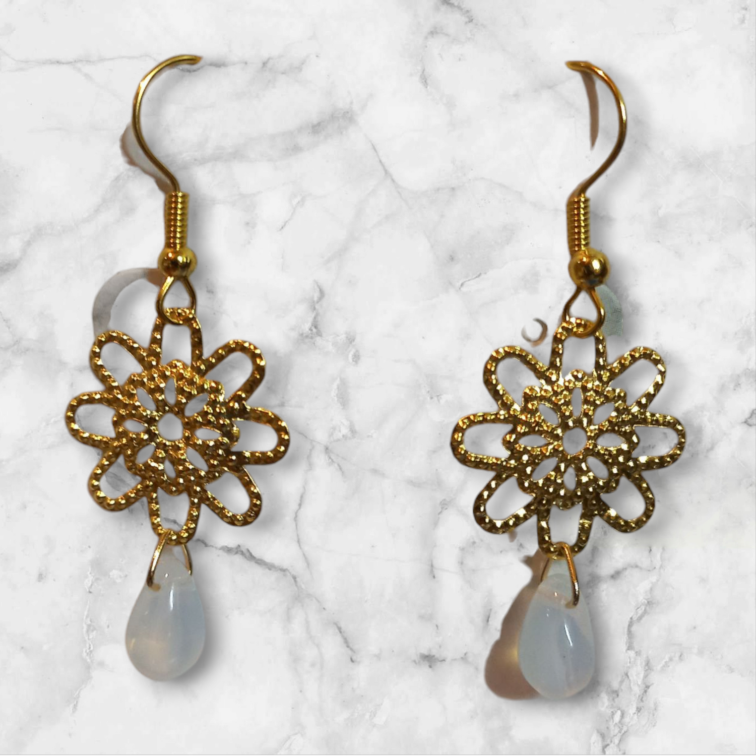 Gold Flower Tear Drop Glass Earrings