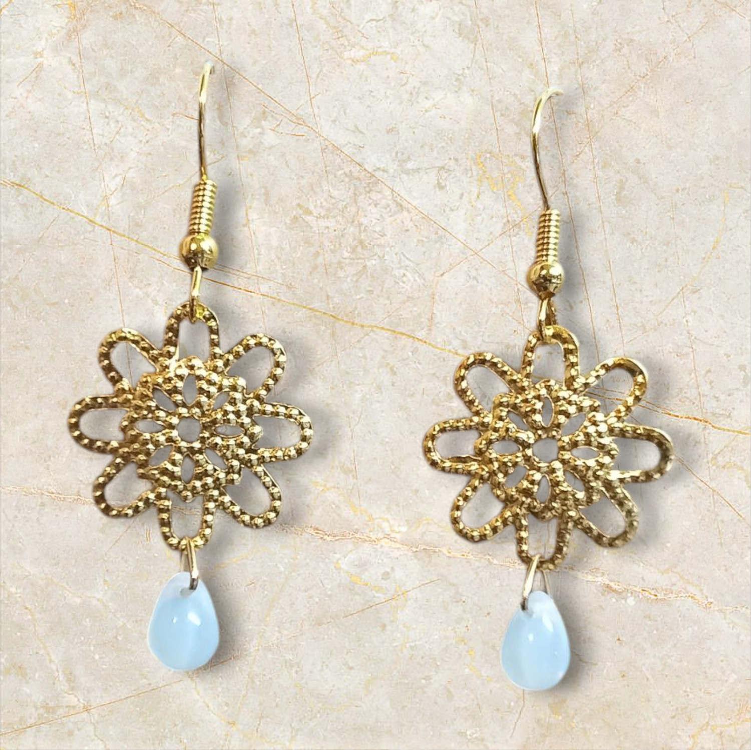 Gold Flower Tear Drop Glass Earrings