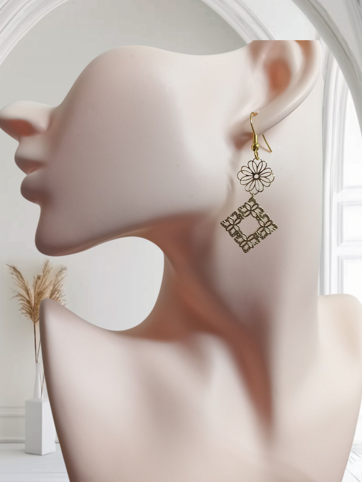 Gold-Tone Floral and Geometric Drop Earrings
