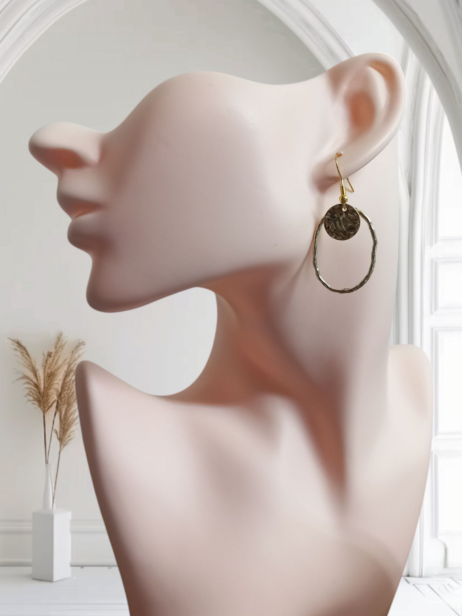 Hammered Disk Oval Hoop Earrings